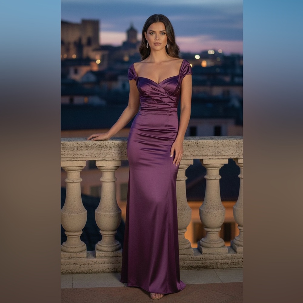 Talbot Runhof 6‎ 36 Elegant Satin Evening Gown Off-the-Shoulder Maxi Dress